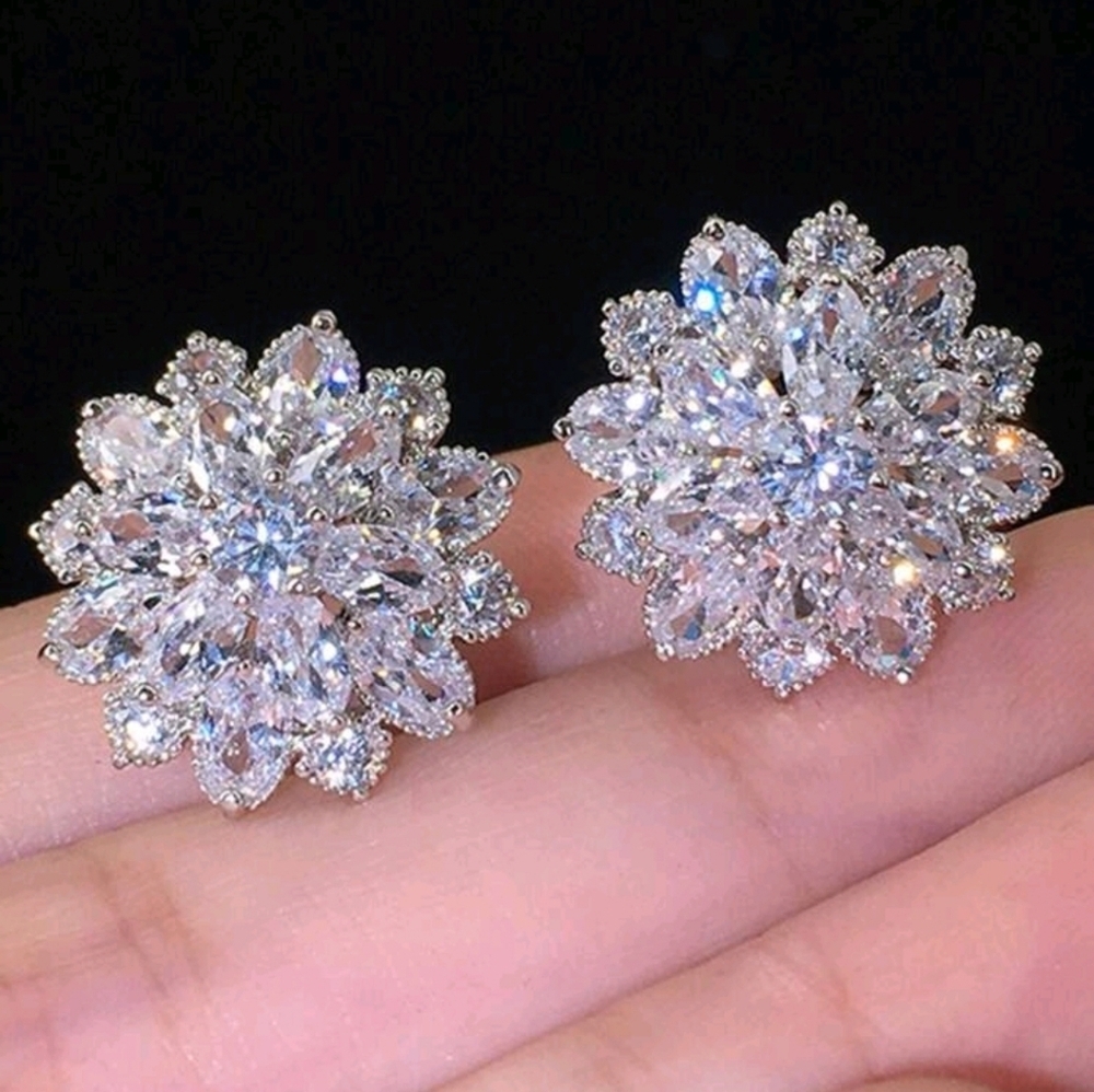 Elegant Silver Floral Crystal Earrings